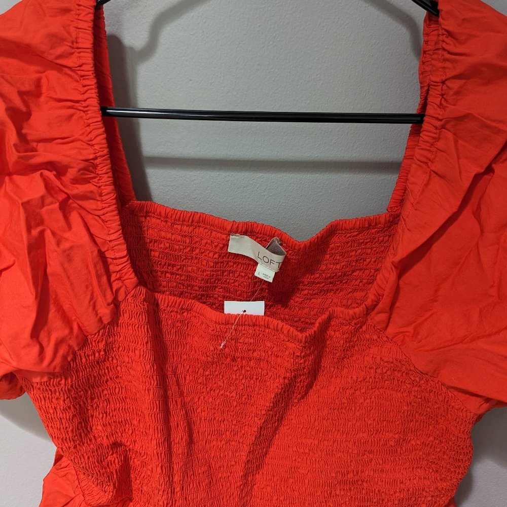 Loft Bright Coral Peplum Puff-Sleeve Top